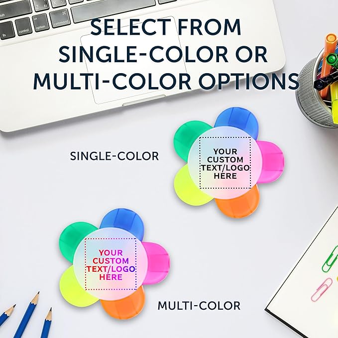 DISCOUNT PROMOS Custom Highlighters Set of 10/50/100, Personalized Bulk Pack Durable Chisel Tip Textbook Highlighters Handy and Easy to Store - Flower