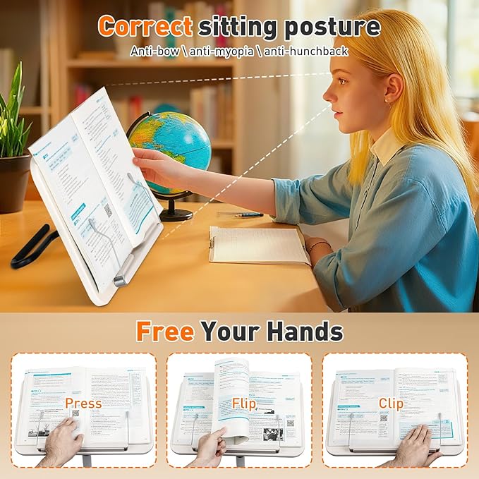 2-in-1 Floor Standing Book Stand, Foldable Book Holder for Reading with Page Clips, 19"–51" Height Adjustable, Sturdy Podium Stand for Reading, Bible, Laptop, Cookbooks, or Projector