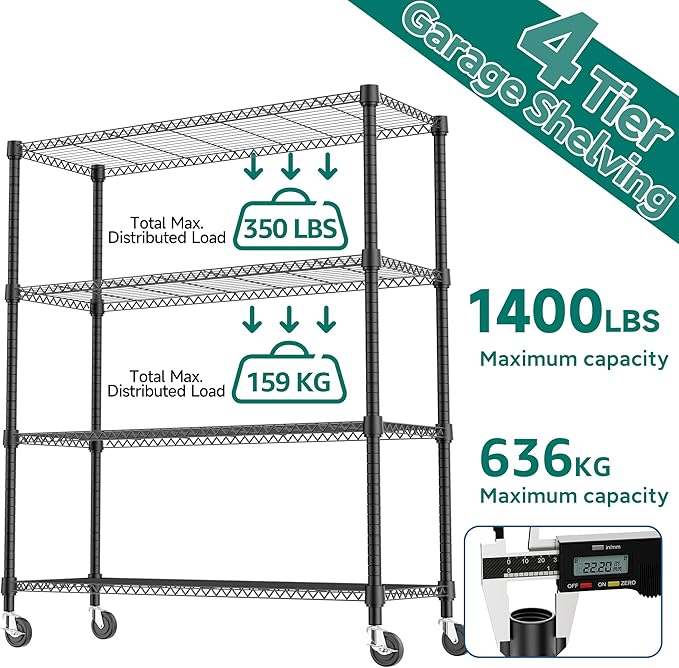 4 Tiers Shelf 1400 lbs Steel Storage Shelving Utility Shelving Unit Steel Organizer Wire Rack for Home,Kitchen,Office,Garage Black 17.7" D x 47.2" W x 62.7" H