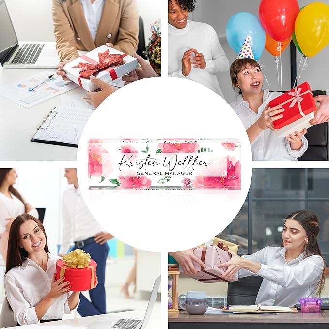 Personalized Name Plate for Desk Custom Acrylic Desk Name Plate Custom Employee Appreciation Gifts Office Gifts for Women, Men, Boss, Coworkers, Teacher, Nurse (Red Peony)