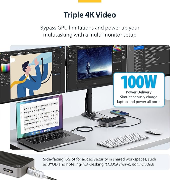 StarTech.com USB-C Triple Monitor Docking Station for MacBook Pro / Air M1 M2 M3 M4 & Windows, Universal 4K HDMI DP Dock, Thunderbolt Compatible, 100W Laptop Charging