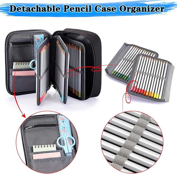 BTSKY® High Capacity Zipper Case- Multi-Functional for Stationery and Pencil, 72 Slots Colored Portable Bags With 2 Removable Sleeves(Black)