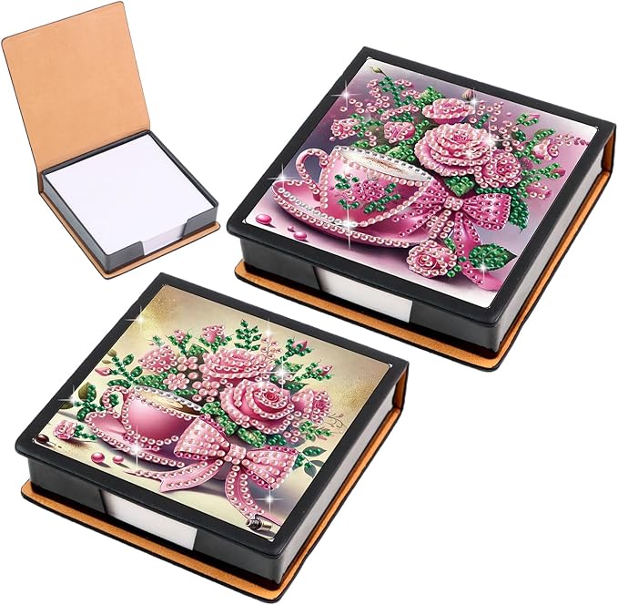 2 pcs Flower Diamond Painting Kit Note Box,Cup Memo Paper Storage Box Diamond Art,Sticky Note Holder Diamond Art,Diamond Painting Memo Pad For Office Desk. (Cup and Flower)