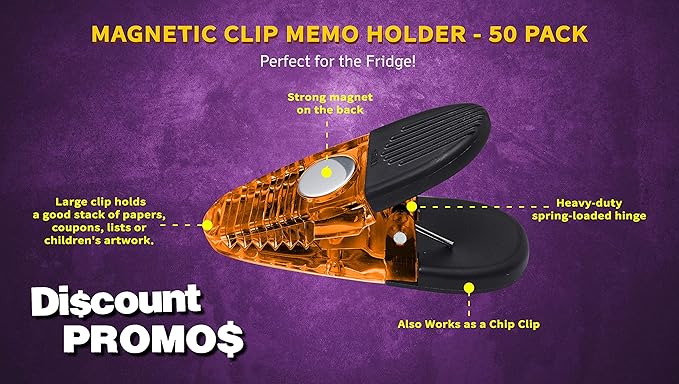 50 Magnetic Memo Holders Set - Customizable Text, Logo - Large Clip, Plastic - Orange