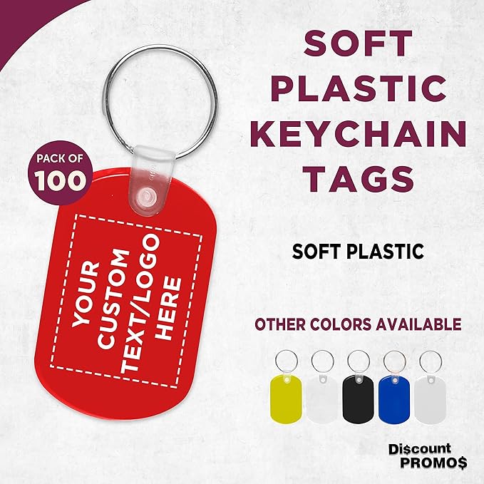 DISCOUNT PROMOS Tag Soft Plastic Keychains - 100 pack - Customizable Text, Logo - Small Key Tag Chain For Staying Organized - Rubber Key Ring Keychain – Red