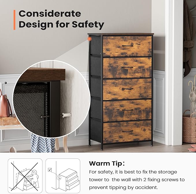 Crestlive Products Vertical Dresser Storage Tower - Sturdy Steel Frame, Wood Top, Easy Pull Fabric Bins - Wide Organizer Unit for Bedroom, Hallway, Entryway, Closets - 5 Drawers(Rustic Brown)