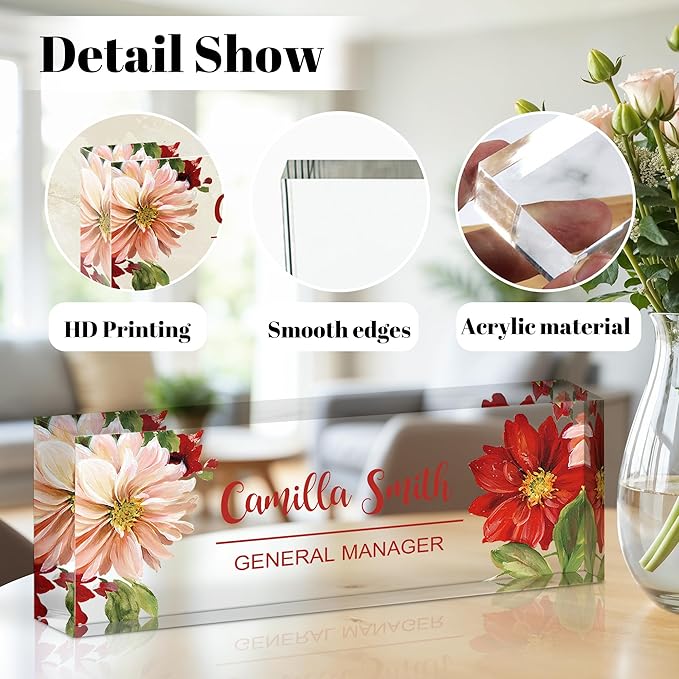 Personalized Name Plate for Desk, Custom Acrylic Desk Name Sign, Office Appreciation Gifts for Women Men Coworkers Boss Teacher Employee (Flower-Lotus)