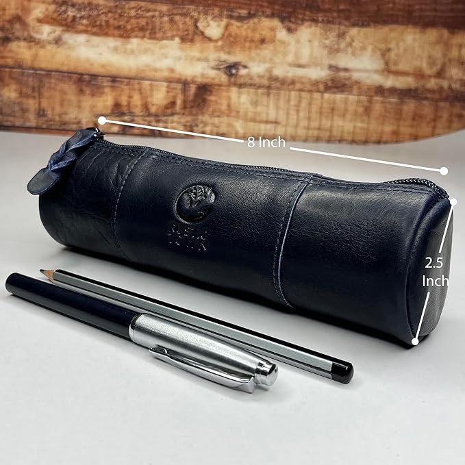 Rustic Town Leather Pencil Case - Full Grain Leather Zippered Pen Pouch - Stationery Bag Pen Holder for Work & Office