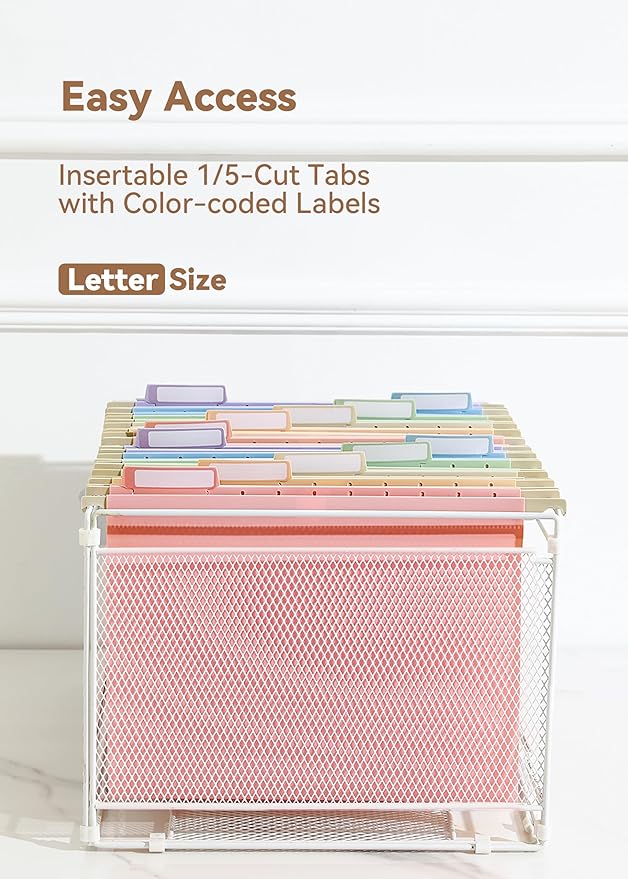 Plastic Hanging File Folders Letter Size, 12 Pack Pastel Hanging Folders, with Insertable 1/5-Cut Tabs for Filing Cabinets