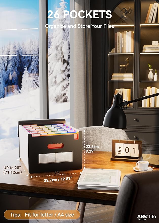 ABC life 26 Pockets Accordion File Organizer, Expanding File Folders, Portable Monthly Bill Receipt Organizer with Colorful A-Z Tabs, Desktop Folders Letter A4 Paper Document Storage for Home Office