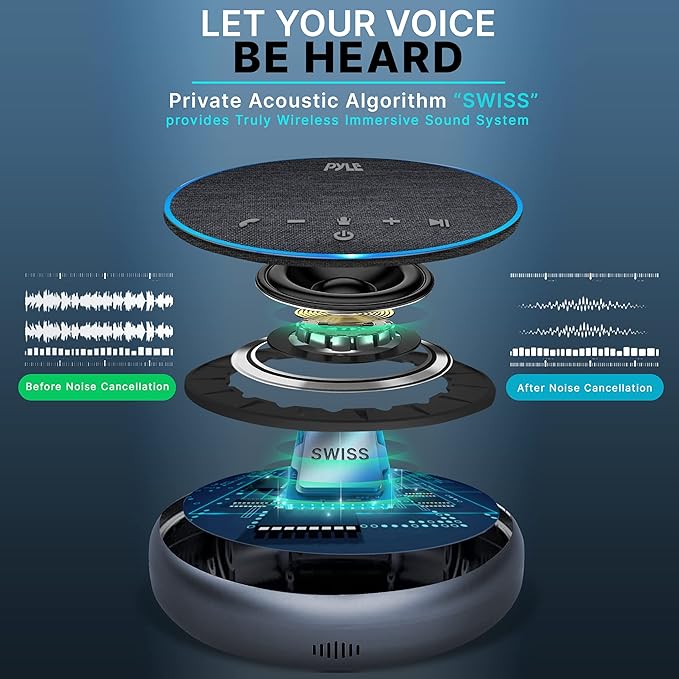 PyleUsa Conference Speaker Bluetooth Speakerphone - Multipurpose Conference & Streaming Speaker,Noise Canceling Swiss Immersive Crisp Voice Pickup for Office,Travel,Home, w/USB-C,Aux Cables - PSCN42