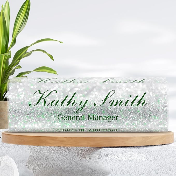 Custom Name Plate for Desk | Personalized Desk Name Plate | Personalized Boss Employee Appreciation Gifts | Acrylic Name Plate Office Desk Accessories (A-Silver Green Crystal)