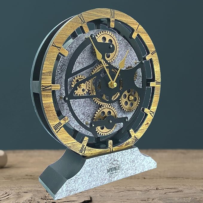 Desk Clock 10 inches with Real Moving Gears Convertible into Wall Clock (Brown and Grey)