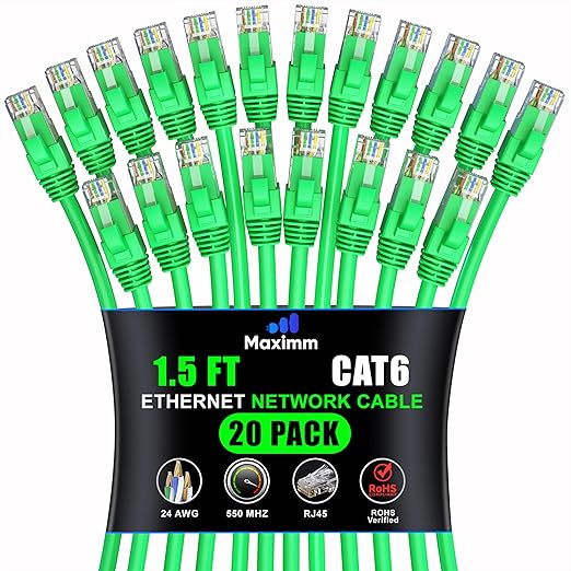 Maximm Cat 6 Ethernet Cable 1.5 ft (20-Pack) - High-Speed LAN Cable, Internet Cable, Patch Cable, and Network Cable - UTP, 10Gbps, 550MHz Ethernet Cord - Green