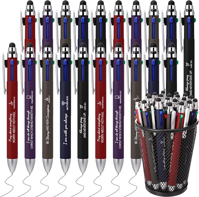 Yexiya 30 Pack 4 Color Retractable Pens Multicolor Ballpoint Pens Bulk 2 in 1 Stylus for Touch Screens Office Nurses Teachers Work Party Favors Gift (Bible Verse)