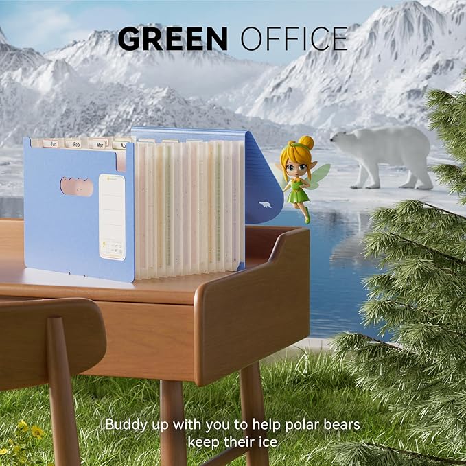 13-Pocket Accordion File Organizer,Wheat Straw Expanding File Folder with Polar Bear Cut-Out,Portable Monthly Paper Bill Tax Receipt Organizer, Letter A4 Size -UN Blue Polar Bear
