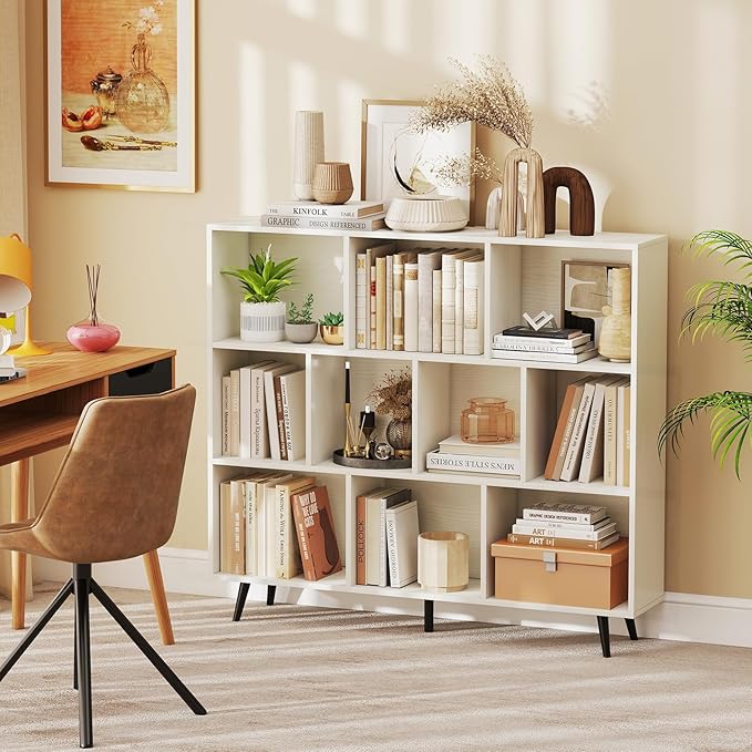Tangkula 10-Cube Bookcase, Modern 47”L Storage Bookshelf with 5 Tapered Metal Legs & 2 Anti-Tip Kit, Freestanding Display Rack for Living Room, Study Room (White, 10-Cube)