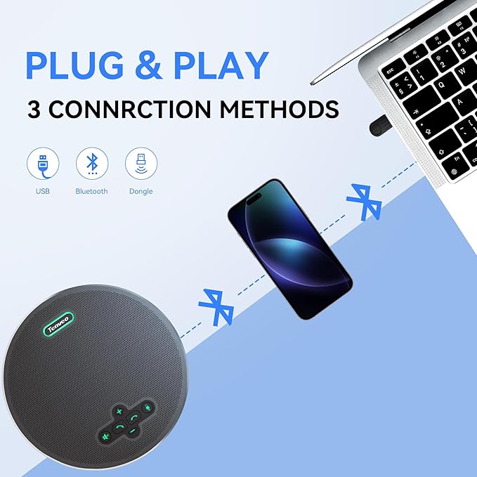 Tenveo Bluetooth Conference Speakerphone Bluetooth/Wireless/USB, 8 AI Noise Mics and 360° Sound Pickup,Compatible with Zoom, Teams, OBS, Supports 12-15 People for 18H of Talk Time MagiCallpro