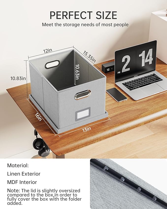 2 Pack File Storage Organizer, Filing Box, Portable File Box with Lid, Fit for Letter/Legal File Folder Storage, Document Organizer, Gray-White