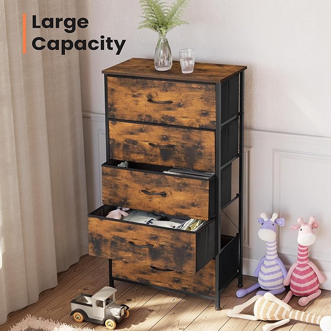 Crestlive Products Vertical Dresser Storage Tower - Sturdy Steel Frame, Wood Top, Easy Pull Fabric Bins - Wide Organizer Unit for Bedroom, Hallway, Entryway, Closets - 5 Drawers(Rustic Brown)