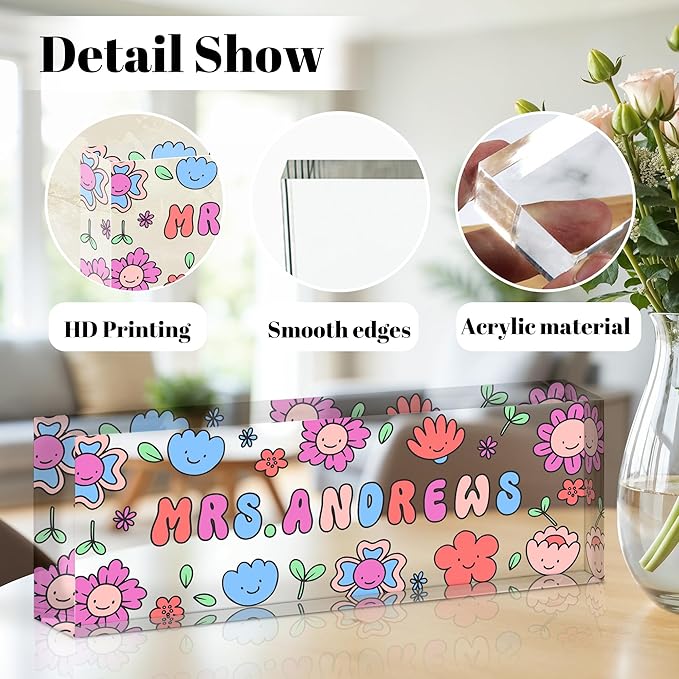 Personalized Name Plate for Desk, Custom Acrylic Desk Name Sign, Office Appreciation Gifts for Women Men Coworkers Boss Teacher Employee (Teacher)