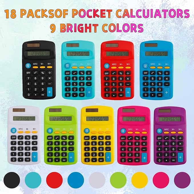 18 Pcs Pocket Calculator,Pocket Size Calculator,8 Digit Display Solar Battery Dual Power Desktop Calculators for Students Kids Home Office(9 Colors)