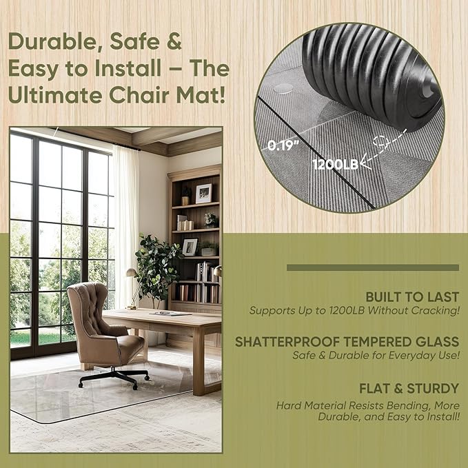 Furnbar Office Chair Mat for Carpet & Hardwood, Upgraded 45" x 60" Tempered Glass Chair Mat for Office Home, with 4 Anti-Slip Pads