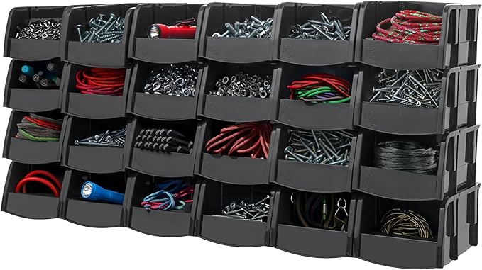 IRIS USA Extra Small Stackable Storage Bins, 24-Pack, 5.5 x 4.5 x 3 inch, |Made in USA|, Plastic Open Front Shelf Bin for Organizing Parts, Hardware, Tools, Supplies, Garage Shelf, Pantry - Black