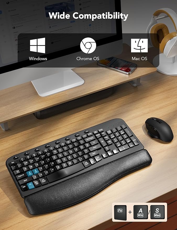 Wireless Keyboard and Mouse Combo – Ergonomic Wave Key, Built-in Leather Soft Palm Rest, 2.4G Full Size, 8 Hotkeys, 6-Button Mouse with 4-Level DPI, Dual USB-A/USB-C, Windows & macOS Compatible