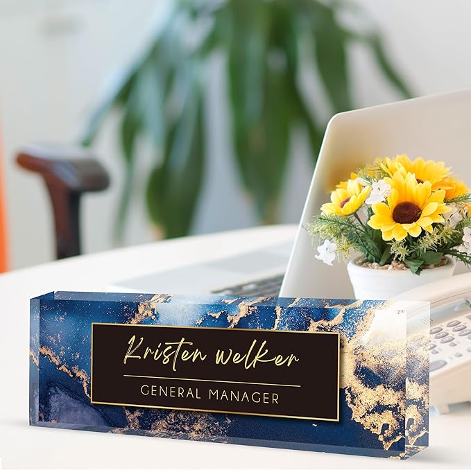Personalized Office Name Plate, Custom Name Plate for Desks, Office Desk Decorations Gift for Women Men, Acrylic Desk Name Plate for Teacher Coworkers Staff Boss (Blue Marble)