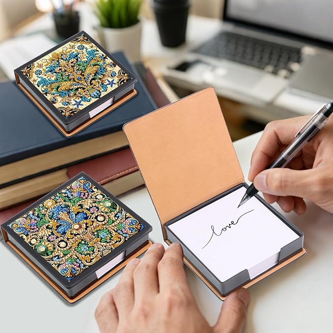 2 pcs Jewelry Diamond Painting Kit Note Box,Gold Memo Paper Storage Box Diamond Art,Sticky Note Holder Diamond Art,Diamond Painting Memo Pad For Office Desk. (Shining)