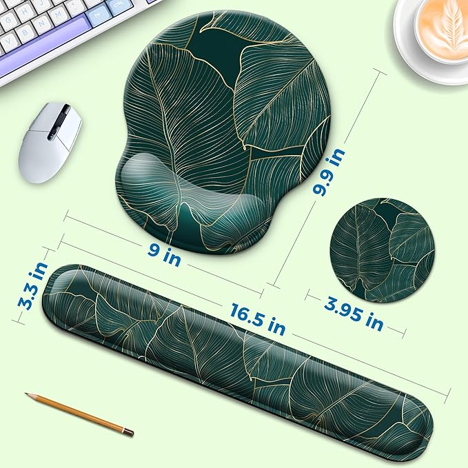 Mouse Pad and Keyboard Wrist Rest Support, with Non-Slip PU Base,Gel Mouse Pad with Coaster,Pain Relief for Gaming, Computer,Office -Green Leaves