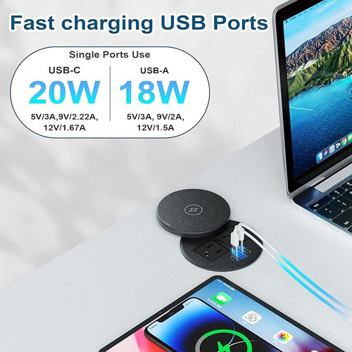 3 Inch Desk Power Grommet with 10W Wireless Charger, 20W USB C Fast Charging Station,2 AC TR Outlets, Round Flush-Mount Recessed Power Strip for Conference Rooms, Office Tables, Furniture, 6FT Cord