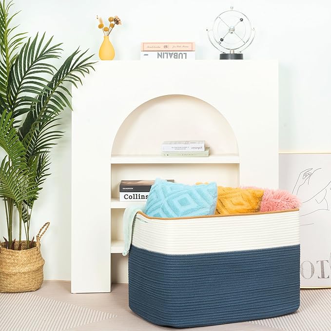 MINTWOOD Design 112L Extra Large Blanket Basket Holder Living Room, 25"x17"x16" Rectangle Rope Woven Storage Basket with Handles for Laundry, Towels, Shoes, Dog Toy Organizer Bin Box, Prussian Blue