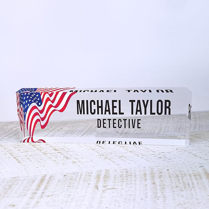 Artblox Office Desk Name Plate Personalized | Custom Name Plates for Desks | Us Flag Design On Clear Acrylic Glass | Office Desk Decor - (8" x 2.5")