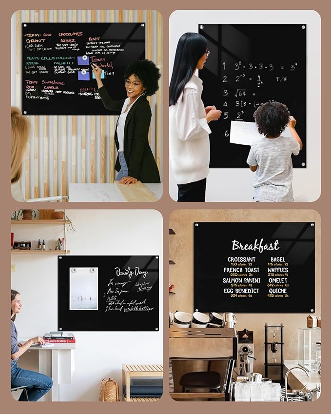 Mifuro Magnetic Glass Whiteboard，48"x36" Wall Mounted Frameless Dry Erase Board for Office, Home & School Black