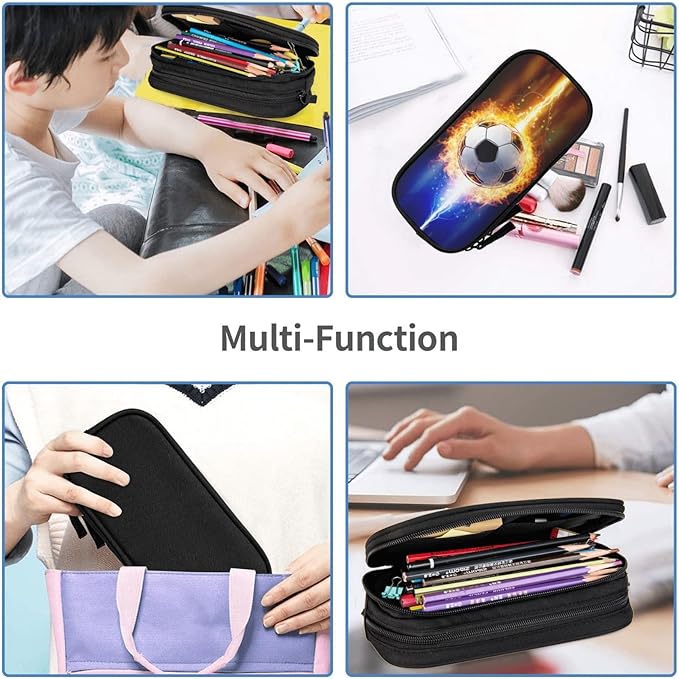 Kids Pencil Case for Boys, Large Capacity Pencil Box Storage Pen Bag with Zippers, Sports-Themed Black Pencil Pouch Stationery Case Printed Soccer Pattern for Office School