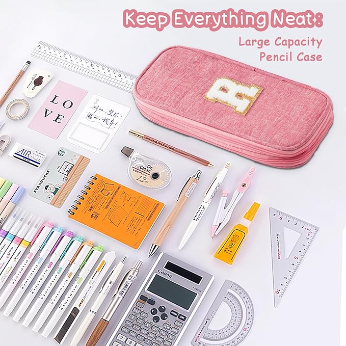 Large Capacity Pink Pencil Case, Cute Pencil Case Pencil Pouch with Zipper For Girls Women, Expandable Preppy Pencil Bag Large Storage High Capacity Bag Organizer for School Home Office Supplies, R