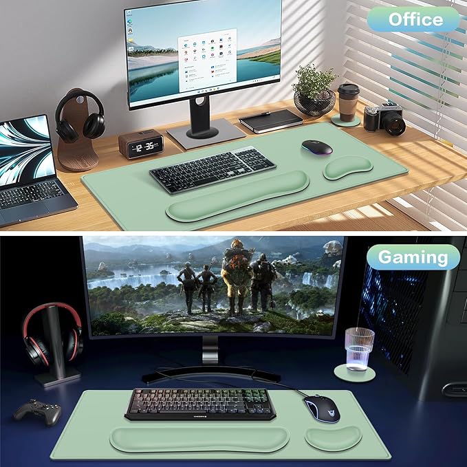 Desk Mat Green, Large Gaming Mouse Pad with Wrist Rest, 4in1 XXL Mousepad+Keyboard Wrist Rest+Mouse Pad Wrist Support+Cup Coaster Set Ergonomic Computer Desk Arm Wrist for Decor Home Office Women