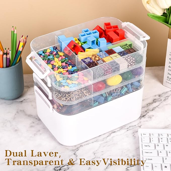 3-Tier Art Supply Storage Container, Stackable Craft Organizer Box with Dividers, Clear Plastic Storage Case for Markers, Toys, Coloring Books (Four-Layer)