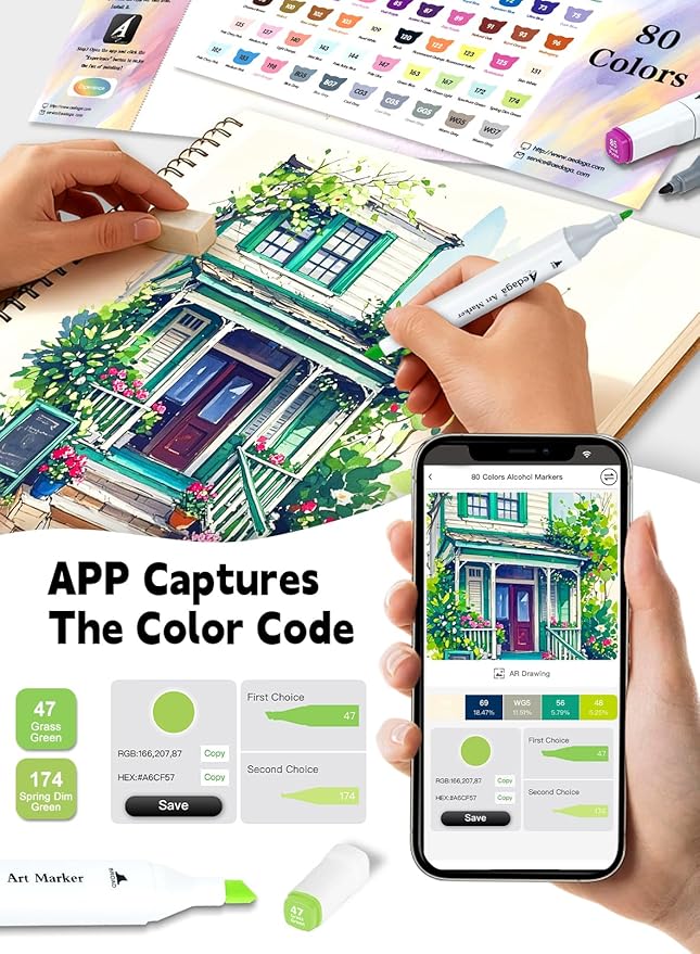 80 Colors Alcohol Markers with Free App, Dual Tip Art Marker with Kickstand Case for Artists Adults. Alcohol Based Markers for Coloring Painting Sketching and Drawing, Great Gift