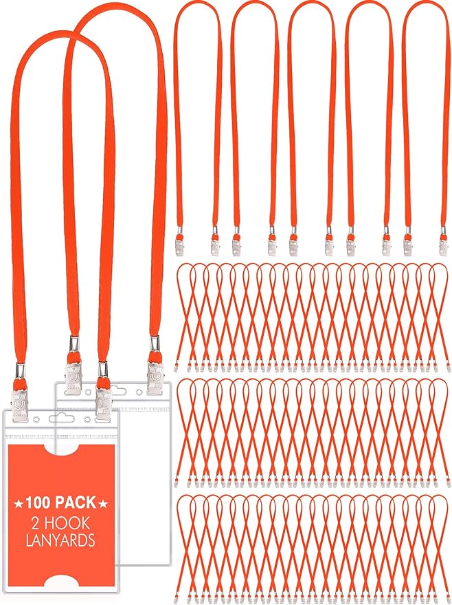 Patelai 100 Pack Double Clip Lanyards Bulk Face Mask Lanyard Twist Free 2 Hook Design Adjustable Badge Neck Strap for ID Name Badge Holder School Conference Office Class Essential (Orange)