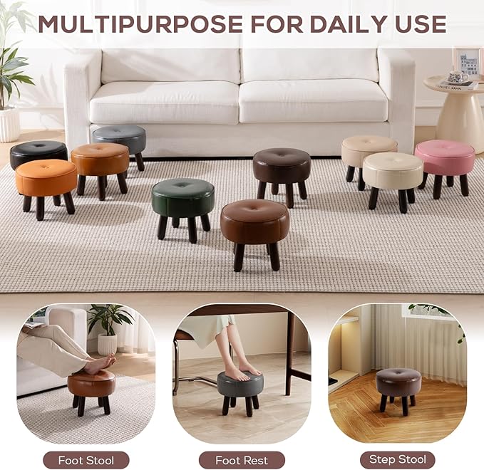 Small Foot Stool Ottoman, Round Pouf Foot Rest, Footstool Ottomans with Rubber Legs Under Desk, Faux Leather Footrest for Couch, Living Room, Bedroom, Office, 13''L x 13''W x 10.2''H, Coffee