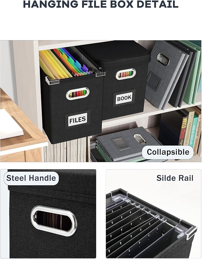 Oterri File Organizer Box with Lid, Hanging Filing File Box with Mesh Pocket, Document Organizer Box for Letter Files, Portable Storage Box with Smooth Sliding Rail for Office&Home (2 PCS, Black)