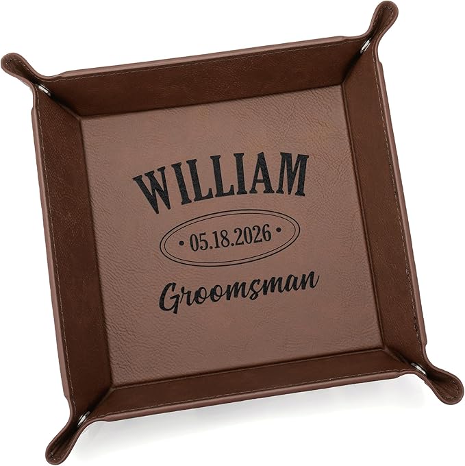 Lifetime Creations Personalized Groomsman Valet Tray - Custom Groomsmen Gifts for Proposal, Engraved Vegan Leather Catchall Wedding Gift for Desk, Dresser (Brown)