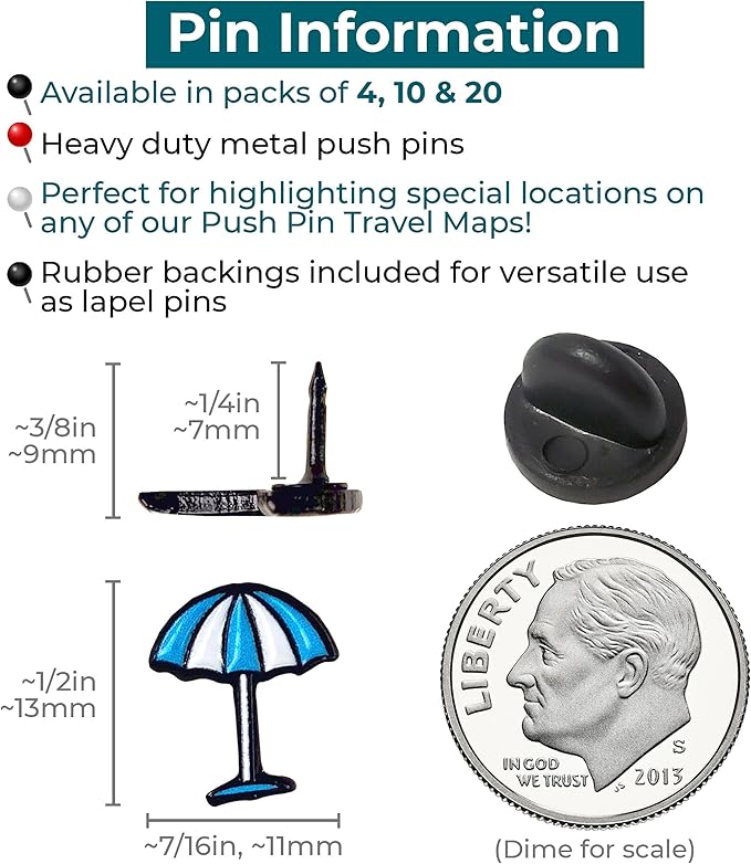 Beach Umbrella Push Pins - Beach Umbrella Map Pins - for Cork Board, Maps, or Lapel Pin Use - Designed in USA - Set of 20