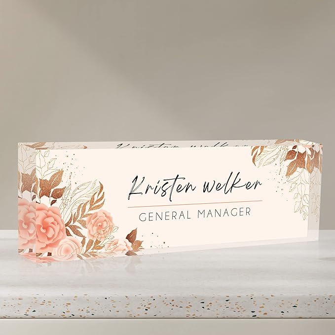 Desk Name Plate Personalized, Custom Name Plates for Desks, Office Desk Decor, Flowers Style Clear Acrylic Glass Block, Personalized Office Gifts for Women Men Boss Teachers Coworker Appreciation Gift