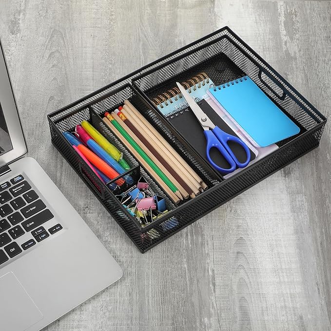 3 Pcs Office Drawer Organizer 3 Pack, Office Supplies Desk, Black Mesh Drawer Organizer Hold Pens & A4 Sized File, 12 x 9 Inches