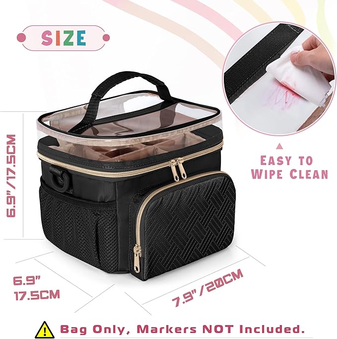 Marker Organizer Case for 100 Markers, Marker Storage Organizer Bag with Divider and Shoulder Strap, Marker Travel Carrying Case with 3 Pockets, Black (Patented Design)