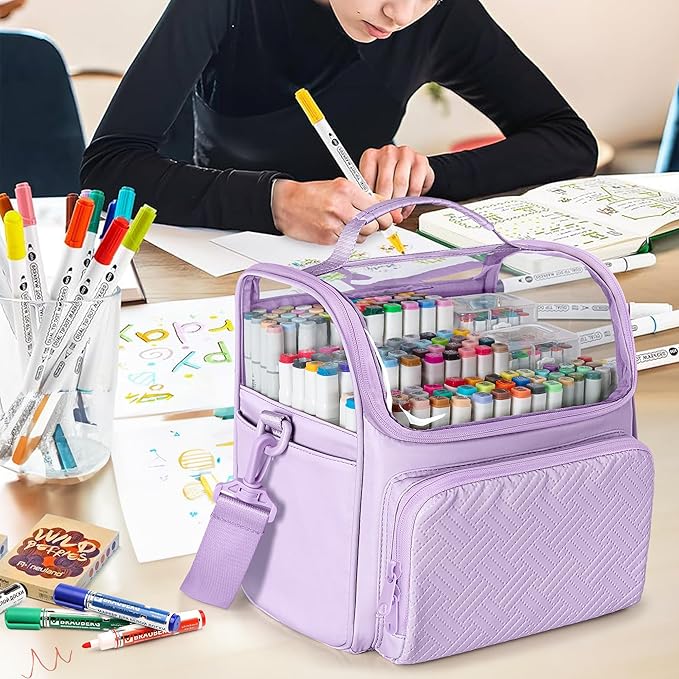 Large Marker Organizer Case for 180 Markers, Marker Storage Bag for Markers, Paint Brushes, Colored Pencils or Other Art Supplies with Dividers and Shoulder Strap (Purple)